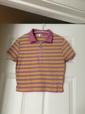 Striped Pink & Yellow Zip Polo Top